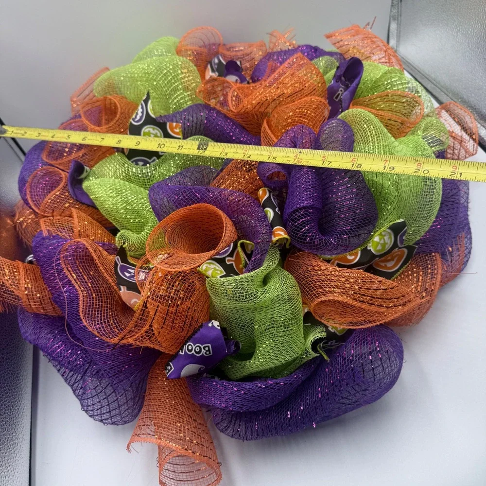 Handmade Halloween Deco Mesh Wreath Purple Orange Green Boo Ghost Pumpkin 21